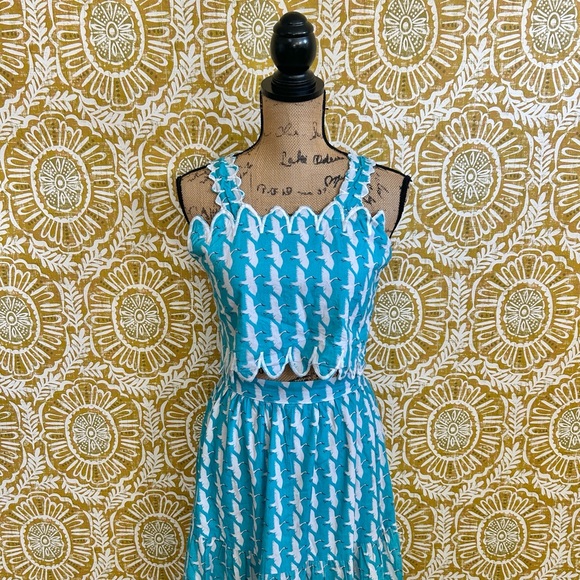 Victoria Dunn Lupine Scalloped Cotton Crane Print Top Skirt Set Sz XS RARE - Picture 7 of 15